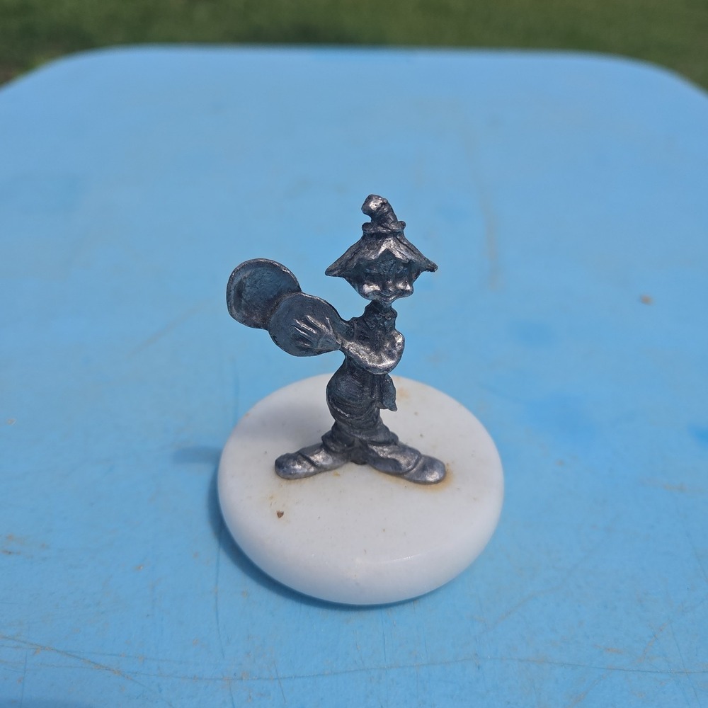 Clown Playing Cymbals Figure Pewter Marble Base Paperweight Trinket Vintage
